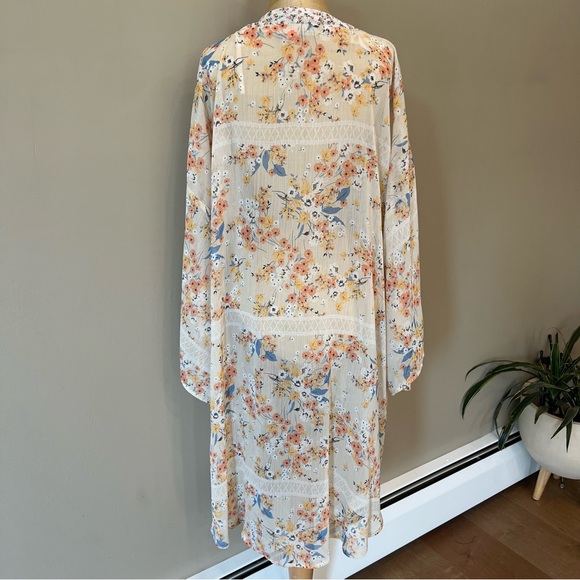 Band of Gypsies Floral Kimono Nude Peach Tones Asymmetric Sleeve Chiffon Sheer - Picture 3 of 10